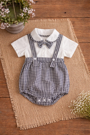 Baby Boy Cotton Romper Set with Checkered Suspender Shorts & Bow Shirt | Classic Formal Outfit for Infants