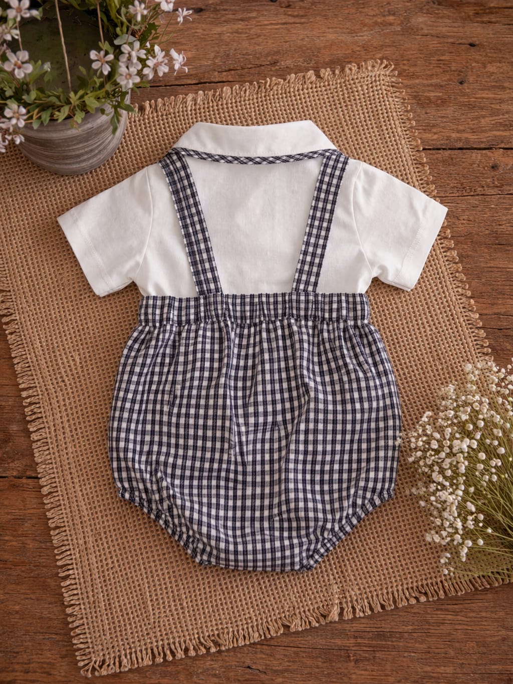 Baby Boy Cotton Romper Set with Checkered Suspender Shorts & Bow Shirt | Classic Formal Outfit for Infants