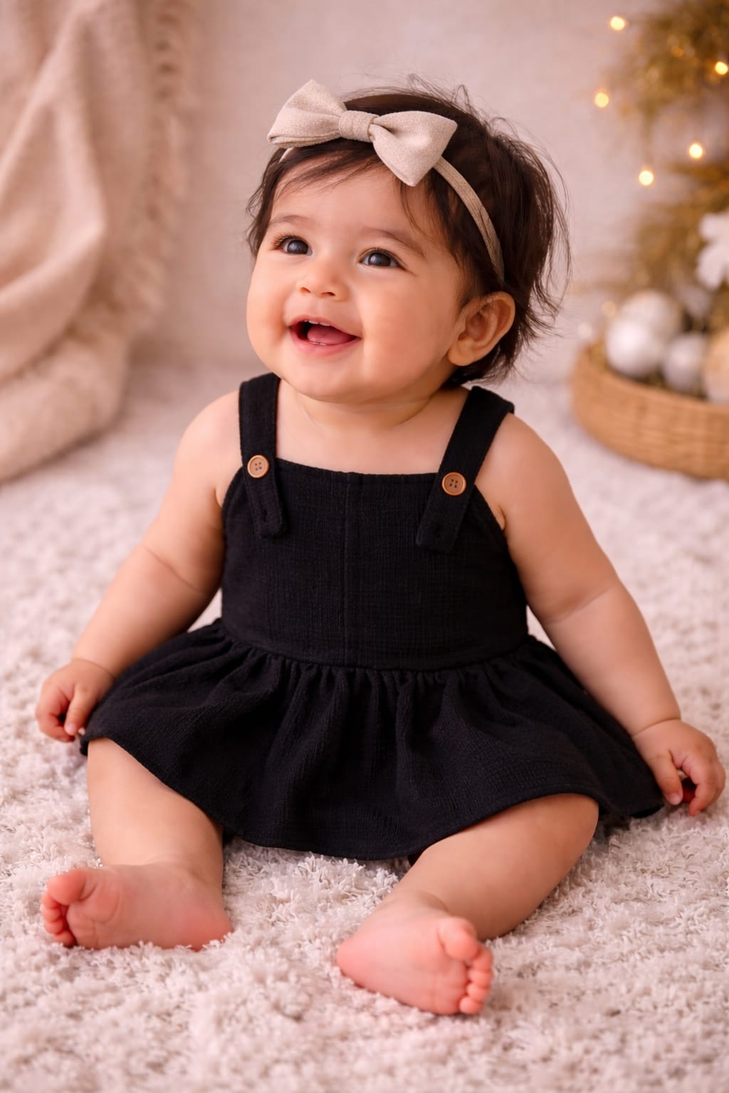 Baby Girl Black Cotton Suspender Dress with Ruffle Hem | Soft & Stylish Infant Outfit (100% Cotton)