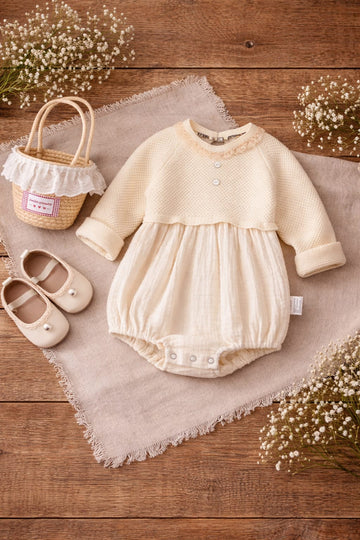 Baby Girl Cream Worsted Cotton Romper Dress | Soft Knit &amp; Muslin Style Infant Outfit