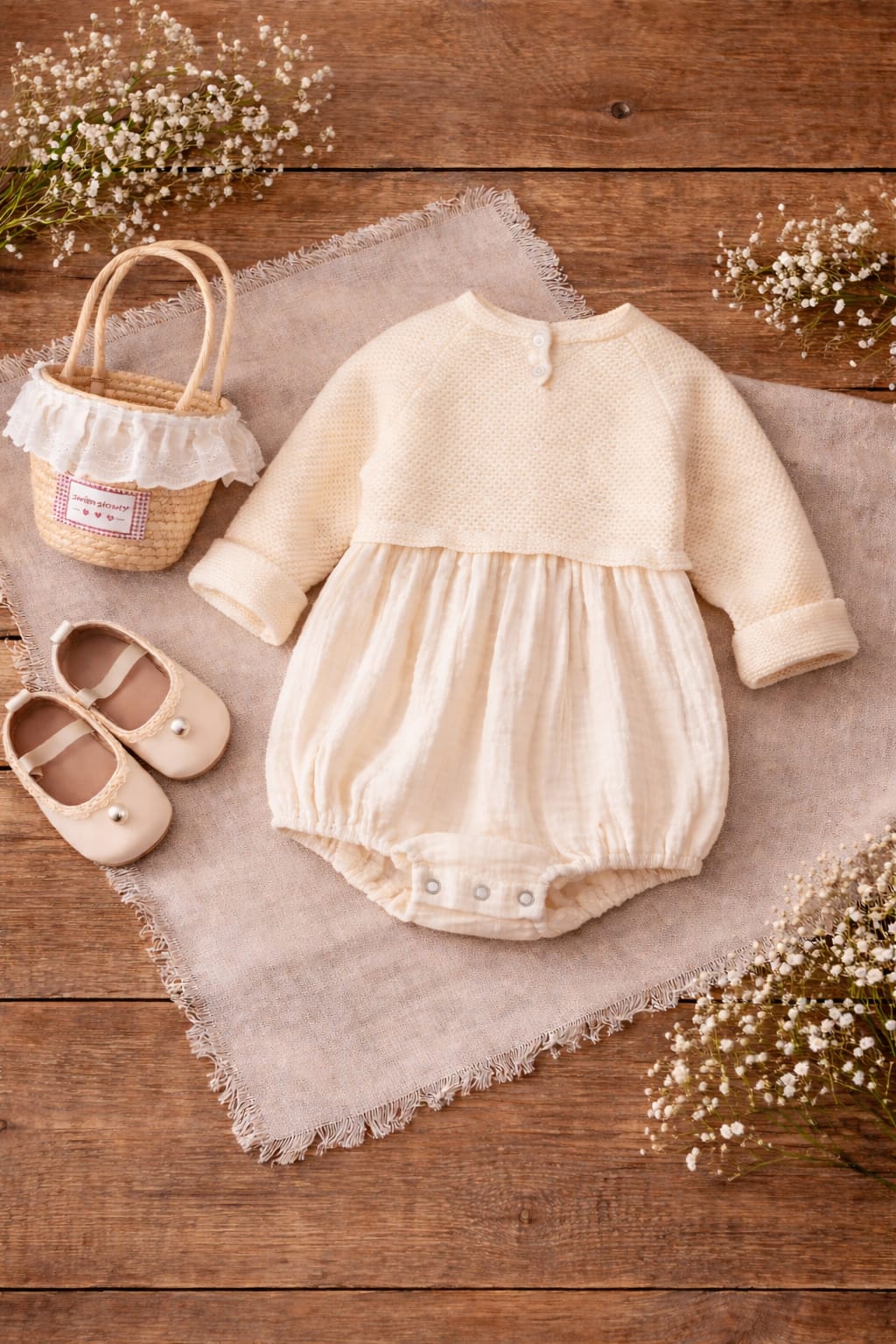 Baby Girl Cream Worsted Cotton Romper Dress | Soft Knit &amp; Muslin Style Infant Outfit