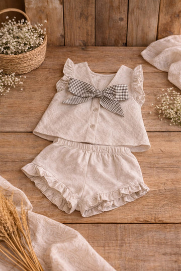 Baby Girl Cotton Co-ord Set with Bow Detail | Soft Ruffle Top & Shorts Outfit (100% Cotton)