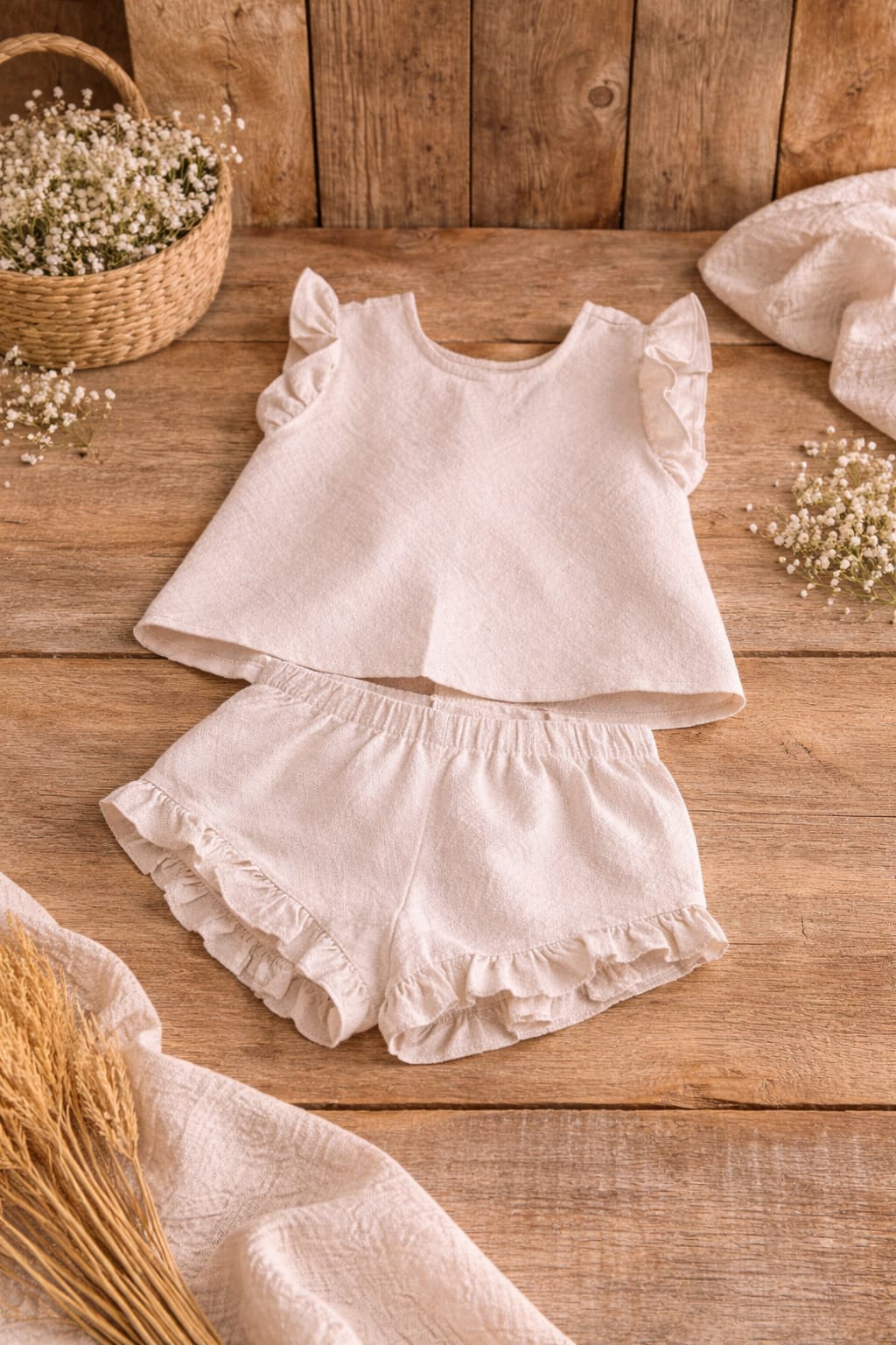 Baby Girl Cotton Co-ord Set with Bow Detail | Soft Ruffle Top & Shorts Outfit (100% Cotton)