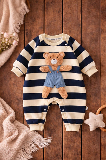 Baby Unisex Striped Cotton Blend Romper with Teddy Applique | Cozy Full Sleeve Infant Outfit
