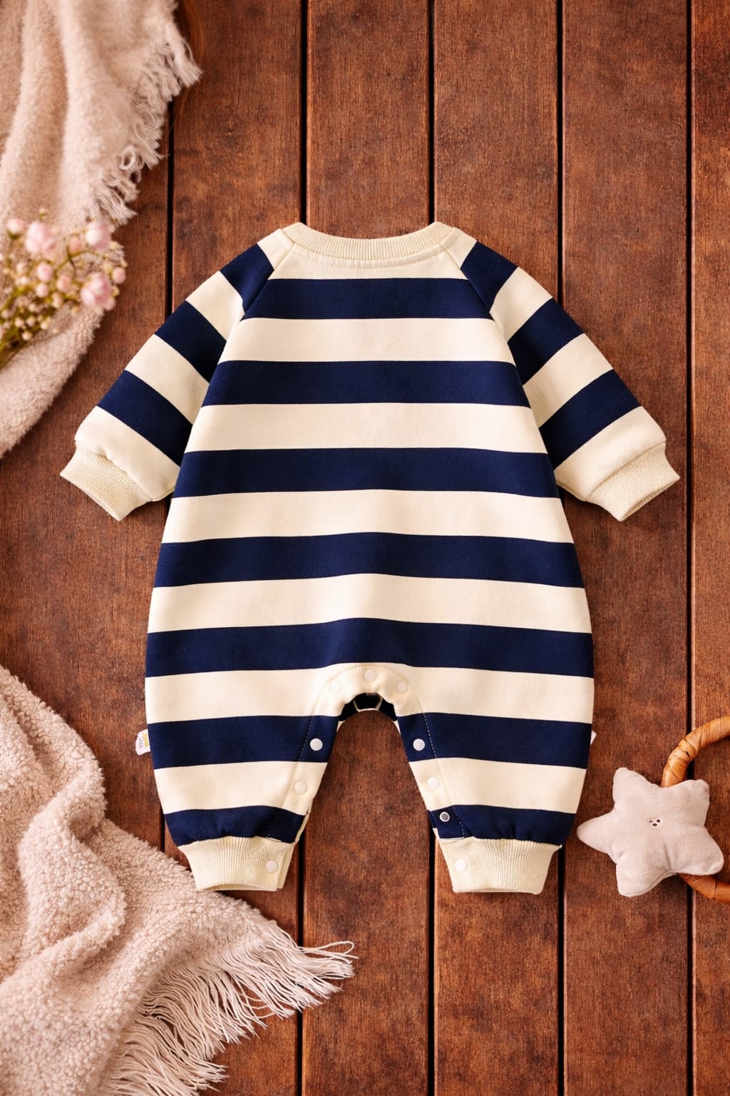 Baby Unisex Striped Cotton Blend Romper with Teddy Applique | Cozy Full Sleeve Infant Outfit