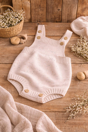 Baby Unisex Knitted Cotton Romper with Suspender Straps | Soft Cozy Infant Outfit (100% Cotton)