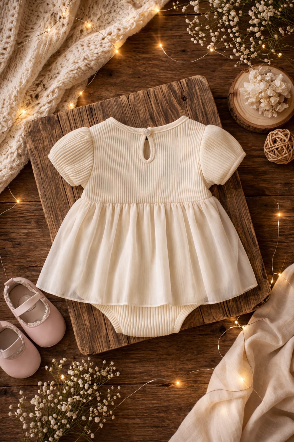 Baby Girl Cotton Party Romper Dress with Floral Lace & Cap | Elegant Infant Outfit (100% Cotton)