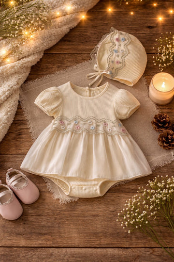 Baby Girl Cotton Party Romper Dress with Floral Lace & Cap | Elegant Infant Outfit (100% Cotton)