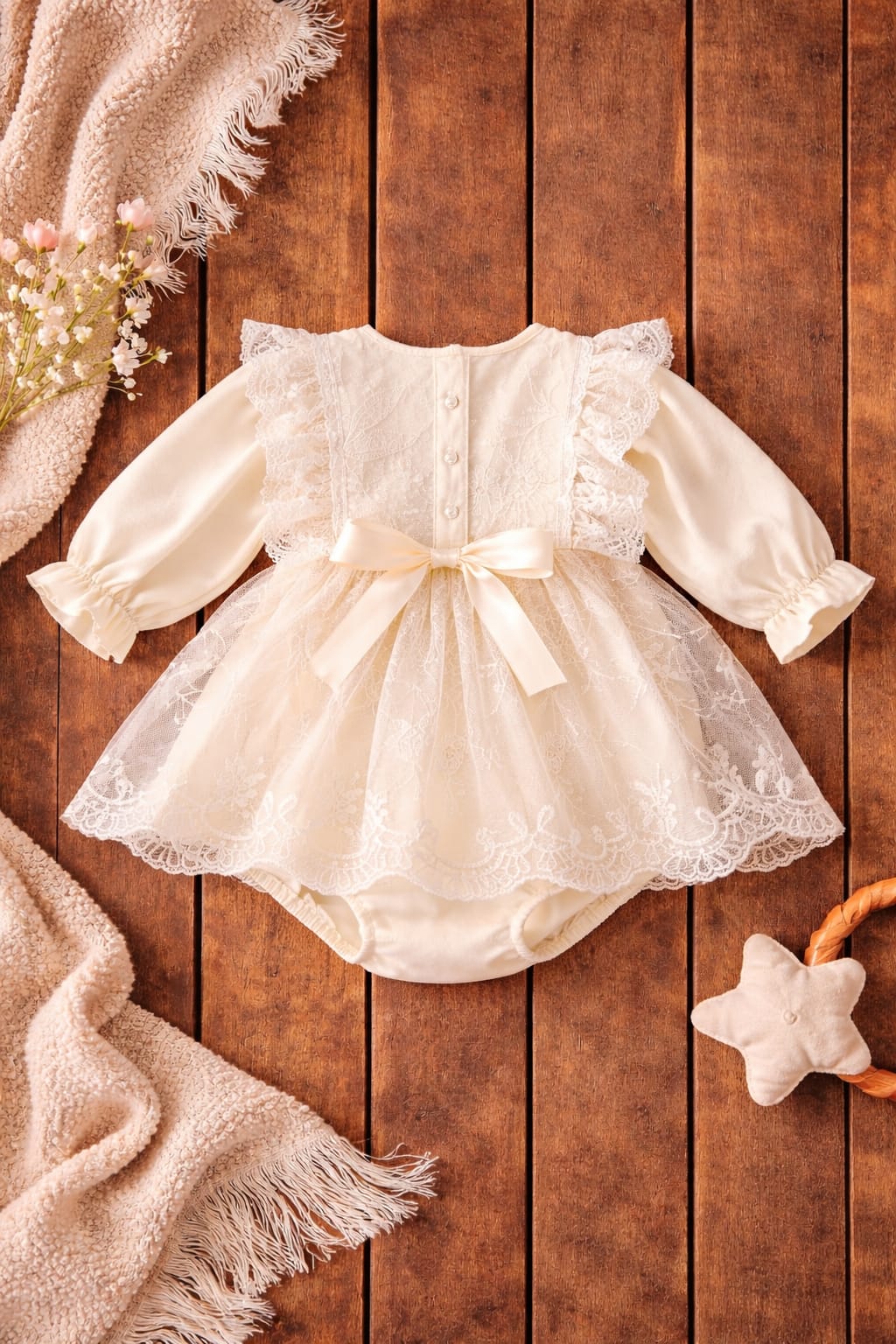 Baby Girl Lace Party Romper Dress with Bow Detail | Elegant Occasion Wear (100% Cotton)