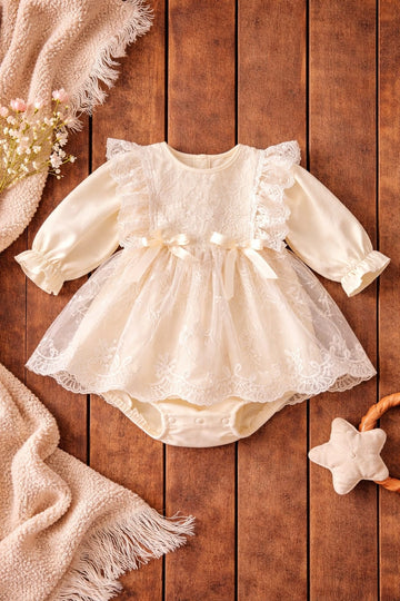 Baby Girl Lace Party Romper Dress with Bow Detail | Elegant Occasion Wear (100% Cotton)
