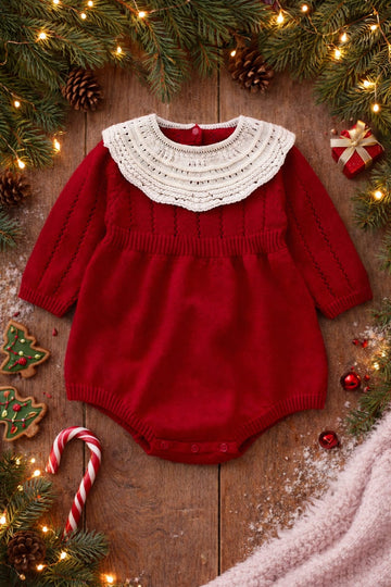Baby Girl Festive Knit Romper with Lace Collar | Cozy Occasion Wear (Cotton/Spandex)