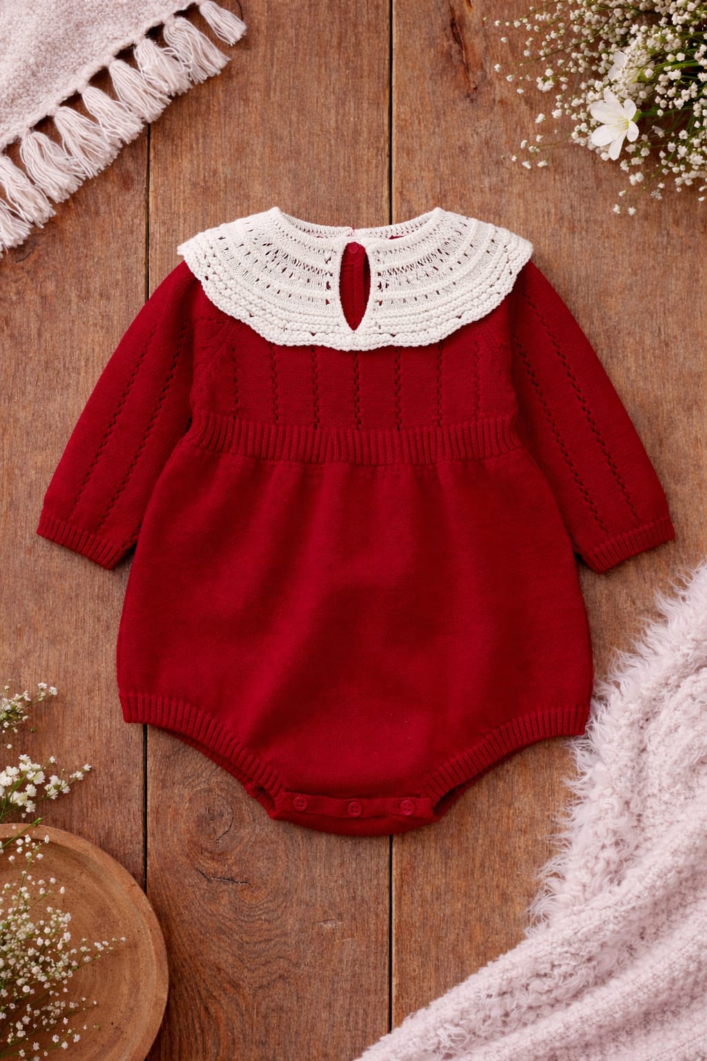 Baby Girl Festive Knit Romper with Lace Collar | Cozy Occasion Wear (Cotton/Spandex)