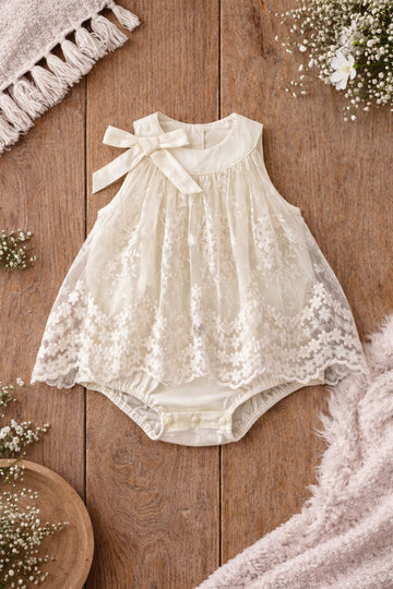 Baby Girl Lace Sleeveless Romper Dress with Bow Detail | Elegant Occasion Wear (100% Cotton)