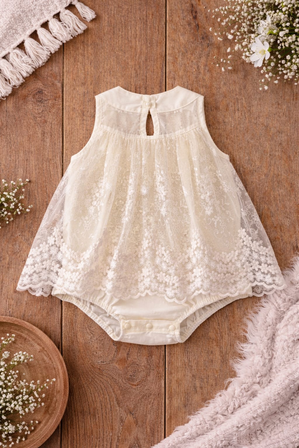 Baby Girl Lace Sleeveless Romper Dress with Bow Detail | Elegant Occasion Wear (100% Cotton)