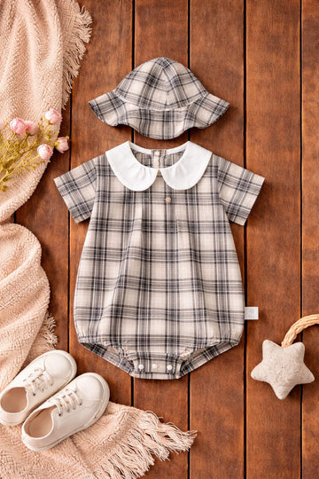Baby Checkered Romper with Collar & Matching Hat | Classic Everyday Outfit (Cotton)