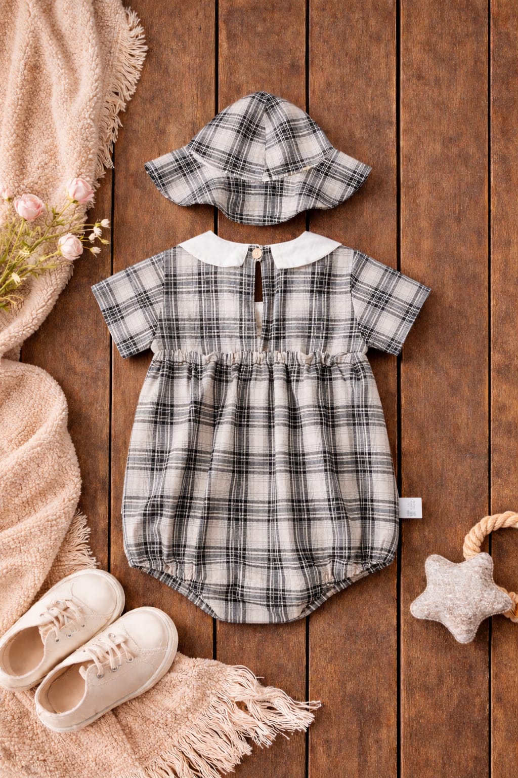 Baby Checkered Romper with Collar & Matching Hat | Classic Everyday Outfit (Cotton)