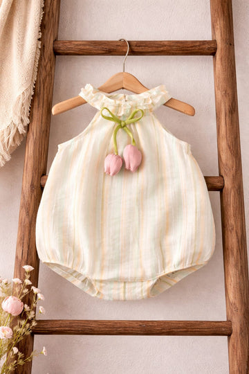 Baby Girl Pastel Stripe Sleeveless Romper with Floral Tie-Up Detail | Cotton Blend Summer Outfit