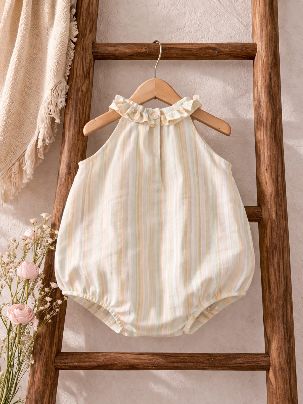 Baby Girl Pastel Stripe Sleeveless Romper with Floral Tie-Up Detail | Cotton Blend Summer Outfit