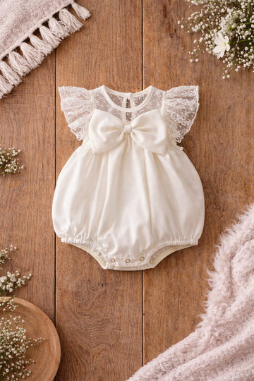 Baby Girl Elegant Bow Lace Romper | Soft Cotton Blend Party Outfit