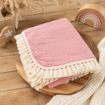 Pink Muslin Baby Blanket with Tassel Lace | Soft Breathable Swaddle Blanket | 100x120 cm