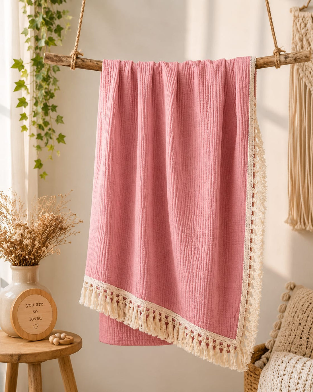 Pink Muslin Baby Blanket with Tassel Lace | Soft Breathable Swaddle Blanket | 100x120 cm