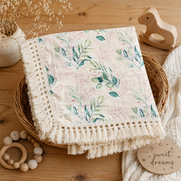 Floral Muslin Baby Blanket with Tassel Lace | Soft Breathable Swaddle Blanket | 100x120 cm
