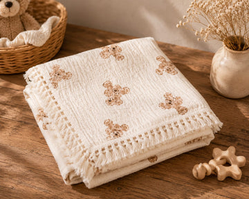 Teddy Print Muslin Baby Blanket with Tassel Lace | Soft Breathable Swaddle Blanket | 100x120 cm