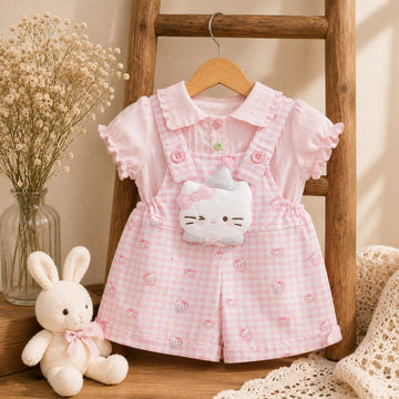Pink Cotton Checks Dungaree Summer  Romper Set for Baby Girls