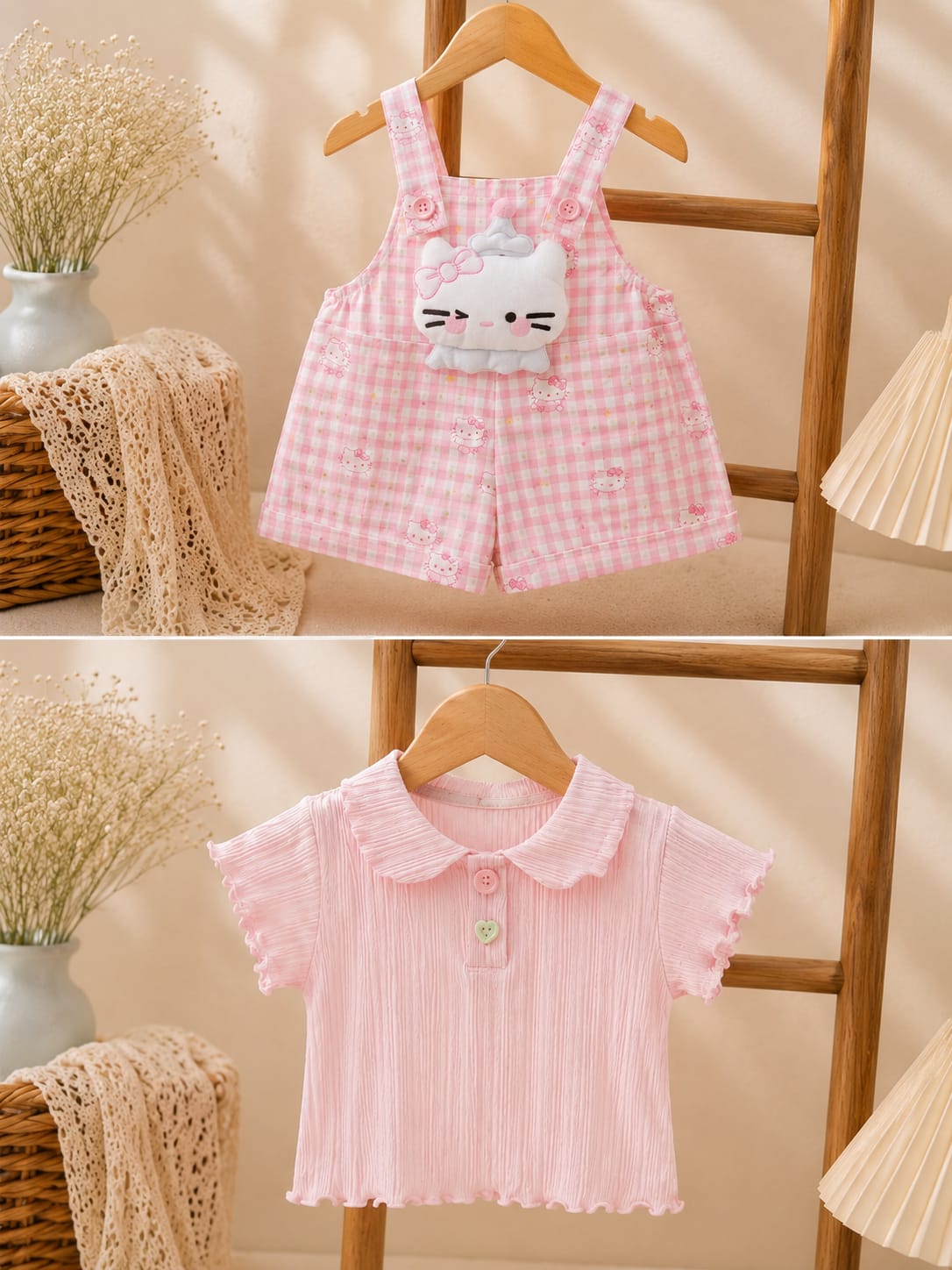 Pink Cotton Checks Dungaree Summer  Romper Set for Baby Girls
