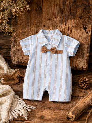 Sky Stripe Cotton Romper with Bow Detail | Classic Baby Summer One-Piece