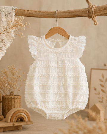 Snowflake Elegance Cotton Smocked Romper | Ruffle Sleeve Baby Summer  One-Piece