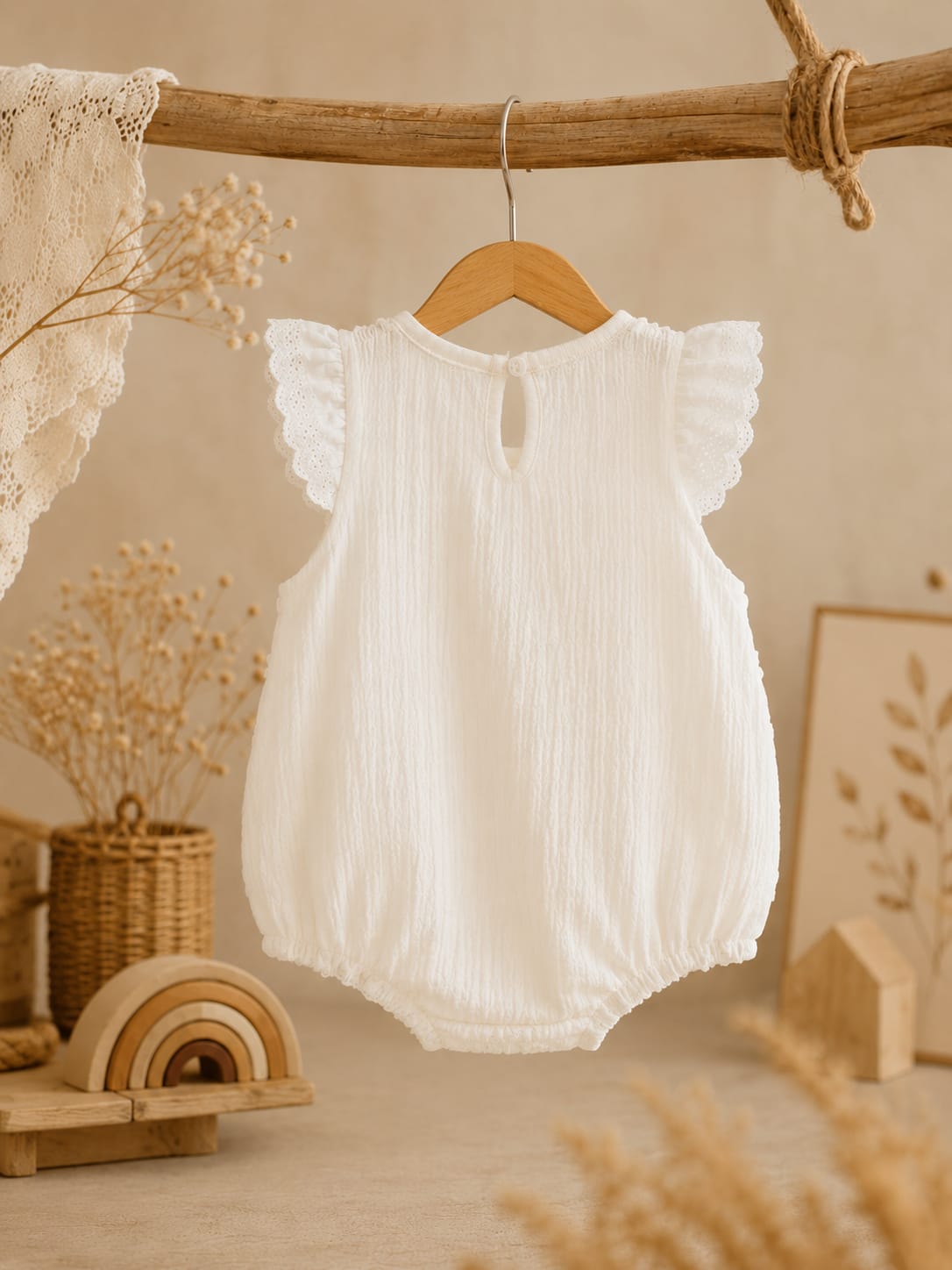 Snowflake Elegance Cotton Smocked Romper | Ruffle Sleeve Baby Summer  One-Piece