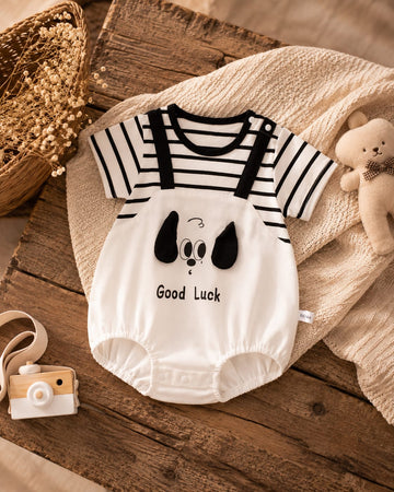 Good Luck Puppy Cotton Romper | Playful Striped Baby Summer  One-Piece