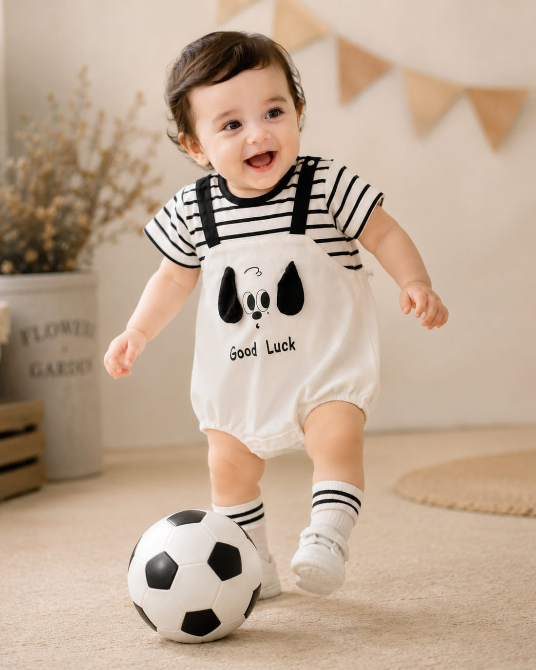 Good Luck Puppy Cotton Romper | Playful Striped Baby Summer  One-Piece