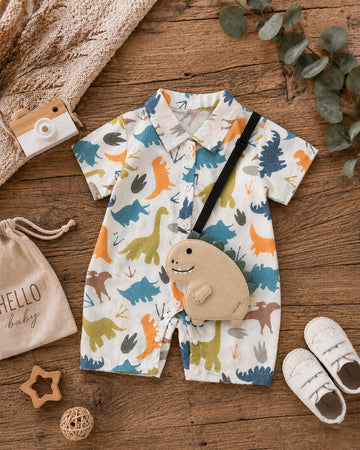 Dino Adventure Summer  Cotton Romper with Detachable Dinosaur Sling Bag