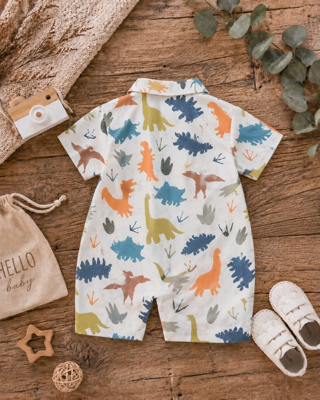 Dino Adventure Summer  Cotton Romper with Detachable Dinosaur Sling Bag