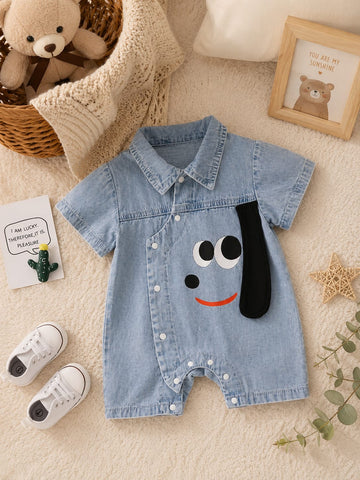 Cute Puppy Cotton Summer  Romper for Babies – Denim Look Half Sleeve Outfit