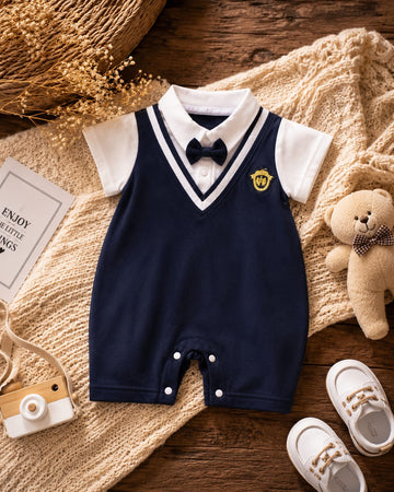 Royal Prep Summer  Cotton Romper with Bow Tie Collar