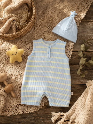Cloud Stripe Cotton Ribbed Romper with Cap