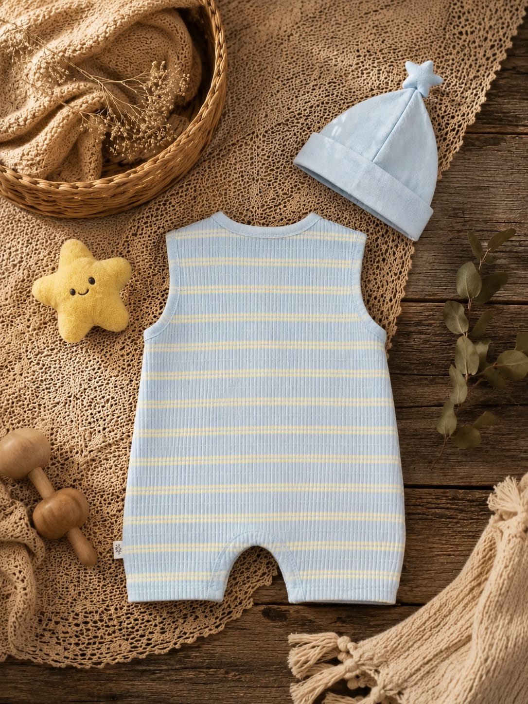 Cloud Stripe Cotton Ribbed Romper with Cap