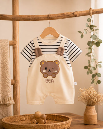 Bear Applique Summer Cotton Romper Set for Babies – Striped T-Shirt with Dungaree