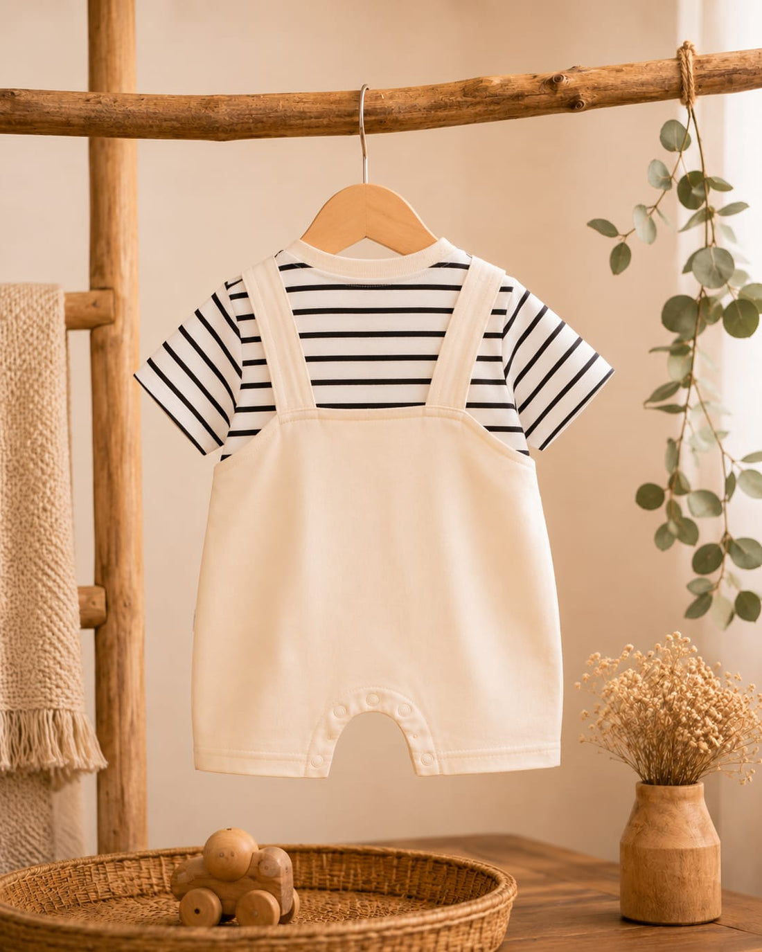 Bear Applique Summer Cotton Romper Set for Babies – Striped T-Shirt with Dungaree