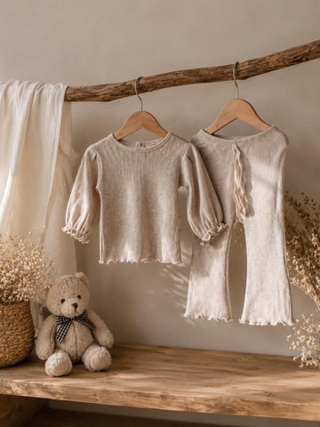 Baby Girls Ribbed Cotton Top &amp; Flared Pants Set – 100% Cotton 2-Piece Outfit | Beige