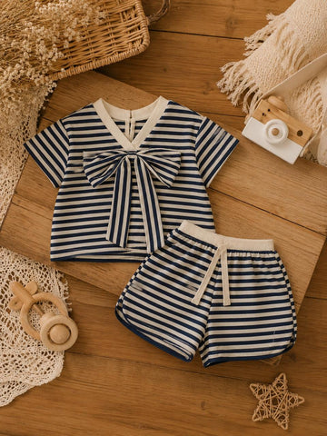Baby Striped Bow Romper – Soft Polyester Cotton Half Sleeve Romper for Girls