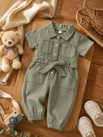 Baby Cotton Utility Jumpsuit with Waist Belt – Full Length Romper for Boys &amp; Girls | Sage Green
