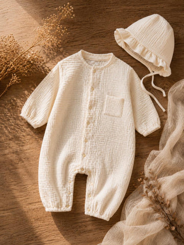 Baby Muslin Cotton Full Sleeve Romper with Bonnet – Soft Breathable Newborn Jumpsuit | Off White