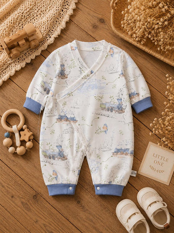 Baby Cotton Wrap Style Full Sleeve Romper – Soft Printed Kimono Sleepsuit for Newborns &amp; Infants | Blue &amp; White