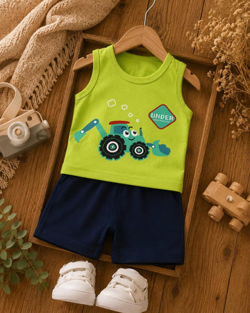 Baby Cotton Sleeveless T-Shirt &amp; Shorts Set – Soft Summer Co-Ord Outfit for Boys | Green &amp; Navy Blue