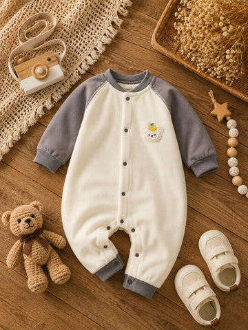 Baby Cotton Winter Romper with Contrast Raglan Sleeves – Soft Full Sleeve Warm Jumpsuit for Newborns &amp; Toddlers | Cream &amp; Grey