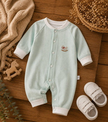 Baby Cotton Full Sleeve Romper with Front Snap Closure – Soft &amp; Comfortable Newborn Sleepsuit | Mint Green